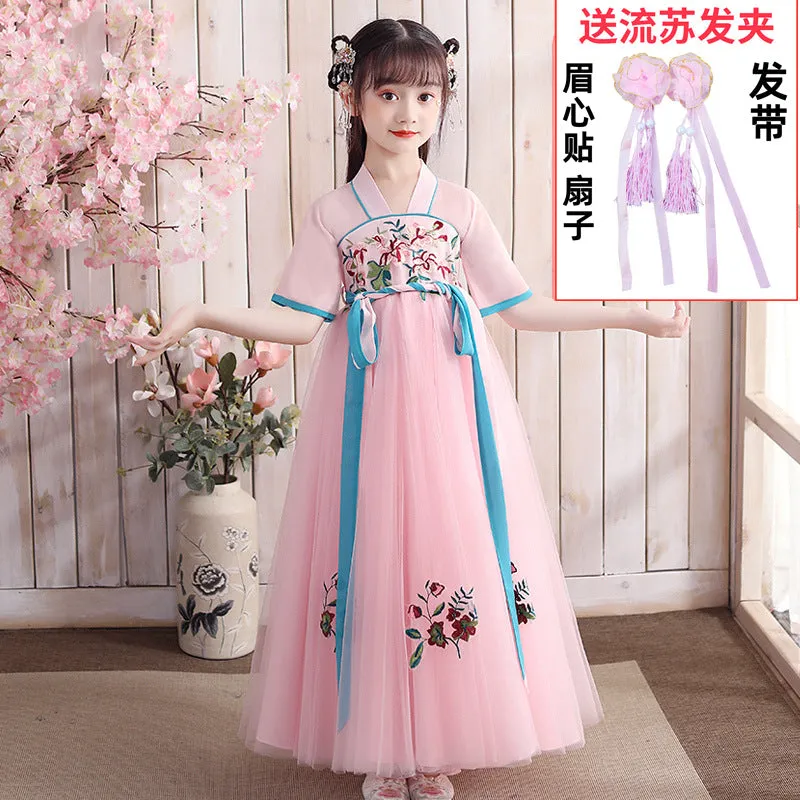XIEYINSHE Children's Han Chinese Costume Summer Tang Suit Jacket and Dress Girls' Ancient Costume Catwalk Chinese Style Improved Dress Thin Chest Retro