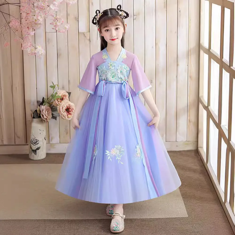 XIEYINSHE Children's Han Chinese Costume Summer Tang Suit Jacket and Dress Girls' Ancient Costume Catwalk Chinese Style Improved Dress Thin Chest Retro