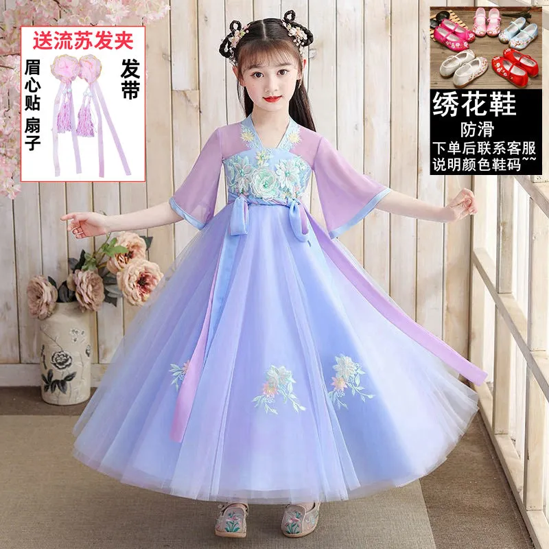 XIEYINSHE Children's Han Chinese Costume Summer Tang Suit Jacket and Dress Girls' Ancient Costume Catwalk Chinese Style Improved Dress Thin Chest Retro