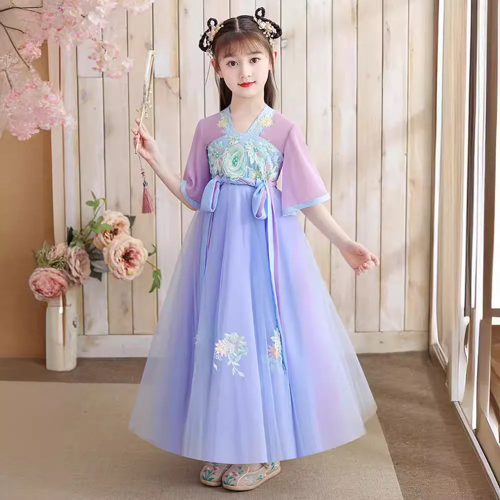 XIEYINSHE Children's Han Chinese Costume Summer Tang Suit Jacket and Dress Girls' Ancient Costume Catwalk Chinese Style Improved Dress Thin Chest Retro