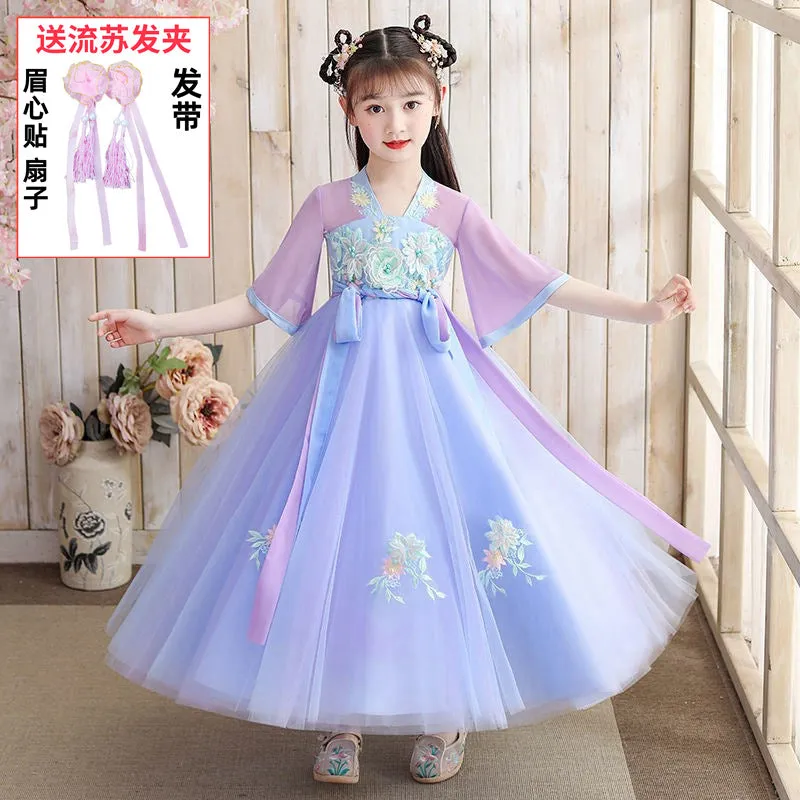 XIEYINSHE Children's Han Chinese Costume Summer Tang Suit Jacket and Dress Girls' Ancient Costume Catwalk Chinese Style Improved Dress Thin Chest Retro