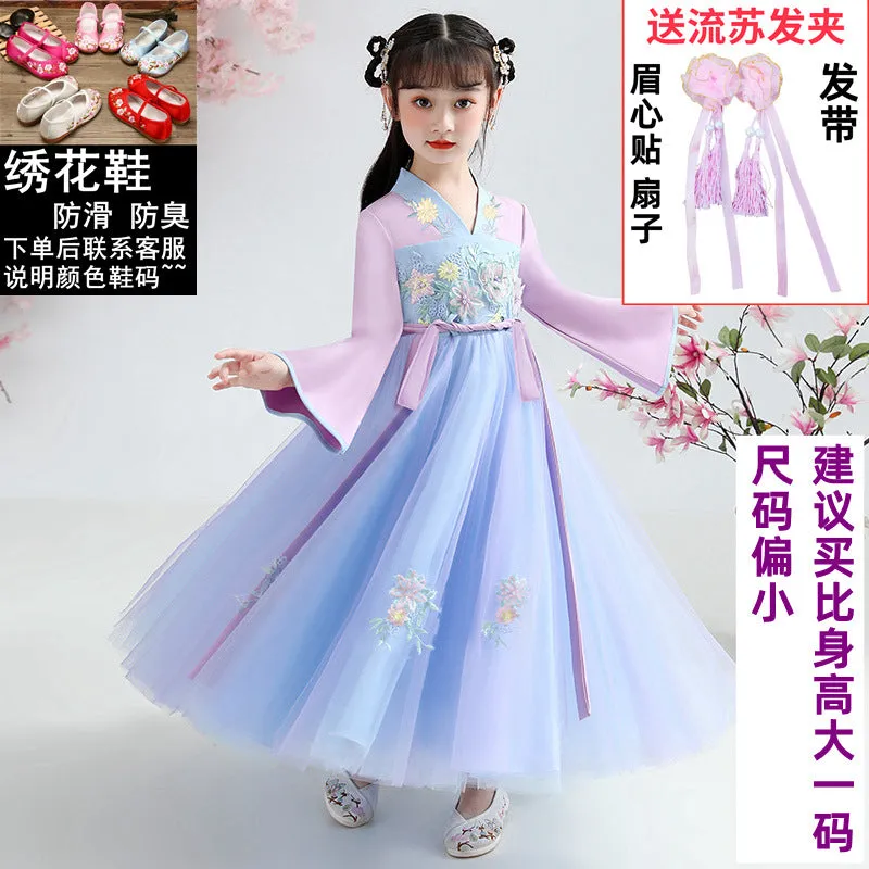 XIEYINSHE Children's Han Chinese Costume Summer Tang Suit Jacket and Dress Girls' Ancient Costume Catwalk Chinese Style Improved Dress Thin Chest Retro