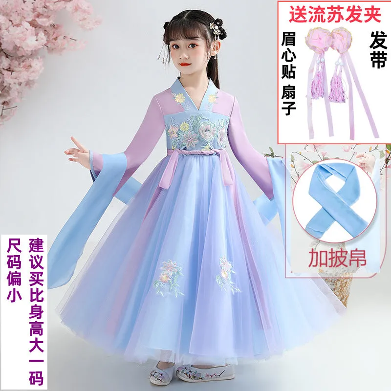 XIEYINSHE Children's Han Chinese Costume Summer Tang Suit Jacket and Dress Girls' Ancient Costume Catwalk Chinese Style Improved Dress Thin Chest Retro