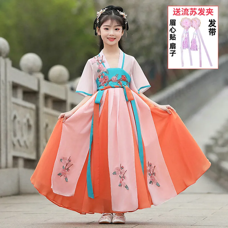 XIEYINSHE Children's Han Chinese Costume Summer Tang Suit Jacket and Dress Girls' Ancient Costume Catwalk Chinese Style Improved Dress Thin Chest Retro