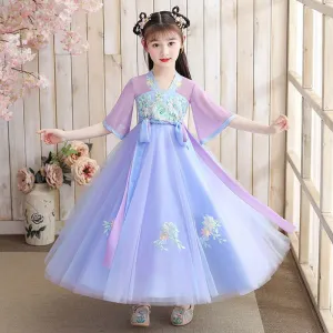 XIEYINSHE Children's Han Chinese Costume Summer Tang Suit Jacket and Dress Girls' Ancient Costume Catwalk Chinese Style Improved Dress Thin Chest Retro