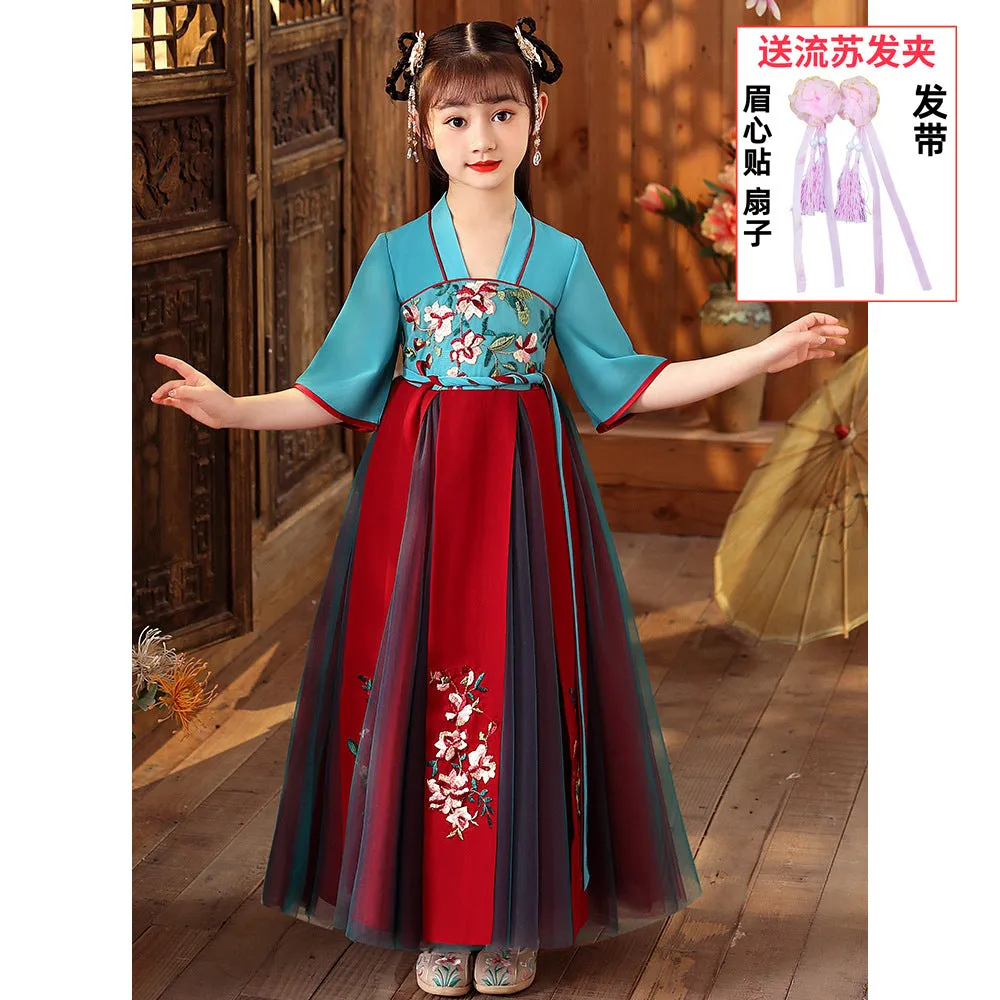 XIEYINSHE Children's Han Chinese Costume Summer Tang Suit Jacket and Dress Girls' Ancient Costume Catwalk Chinese Style Improved Dress Thin Chest Retro