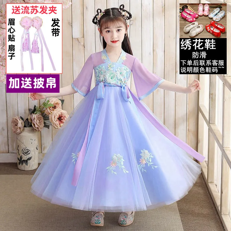 XIEYINSHE Children's Han Chinese Costume Summer Tang Suit Jacket and Dress Girls' Ancient Costume Catwalk Chinese Style Improved Dress Thin Chest Retro