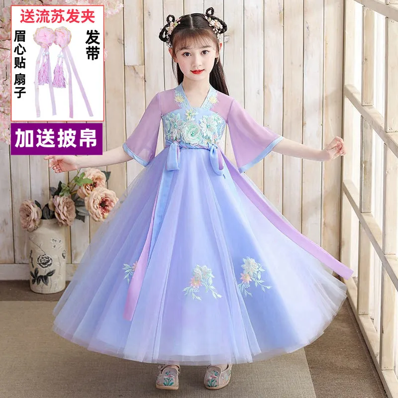XIEYINSHE Children's Han Chinese Costume Summer Tang Suit Jacket and Dress Girls' Ancient Costume Catwalk Chinese Style Improved Dress Thin Chest Retro