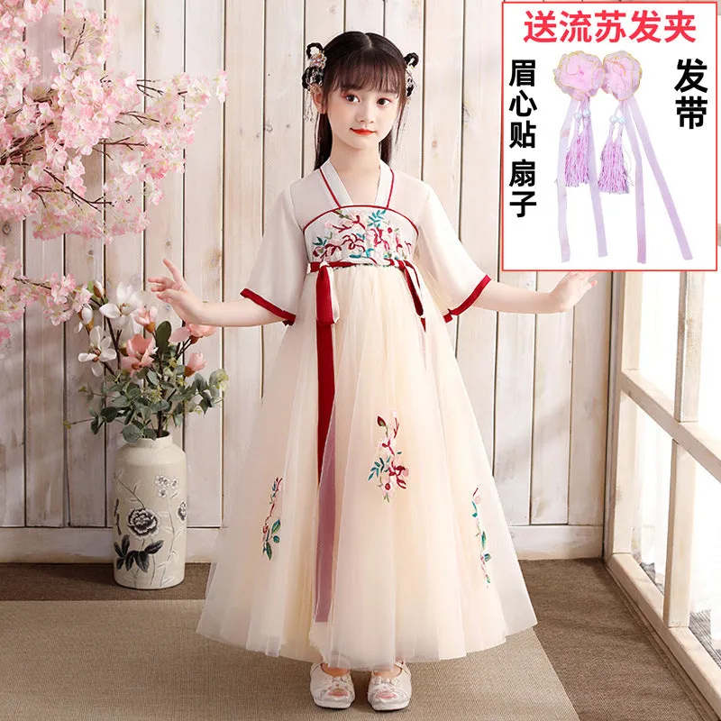 XIEYINSHE Children's Han Chinese Costume Summer Tang Suit Jacket and Dress Girls' Ancient Costume Catwalk Chinese Style Improved Dress Thin Chest Retro