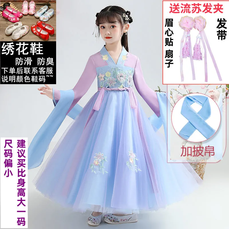 XIEYINSHE Children's Han Chinese Costume Summer Tang Suit Jacket and Dress Girls' Ancient Costume Catwalk Chinese Style Improved Dress Thin Chest Retro