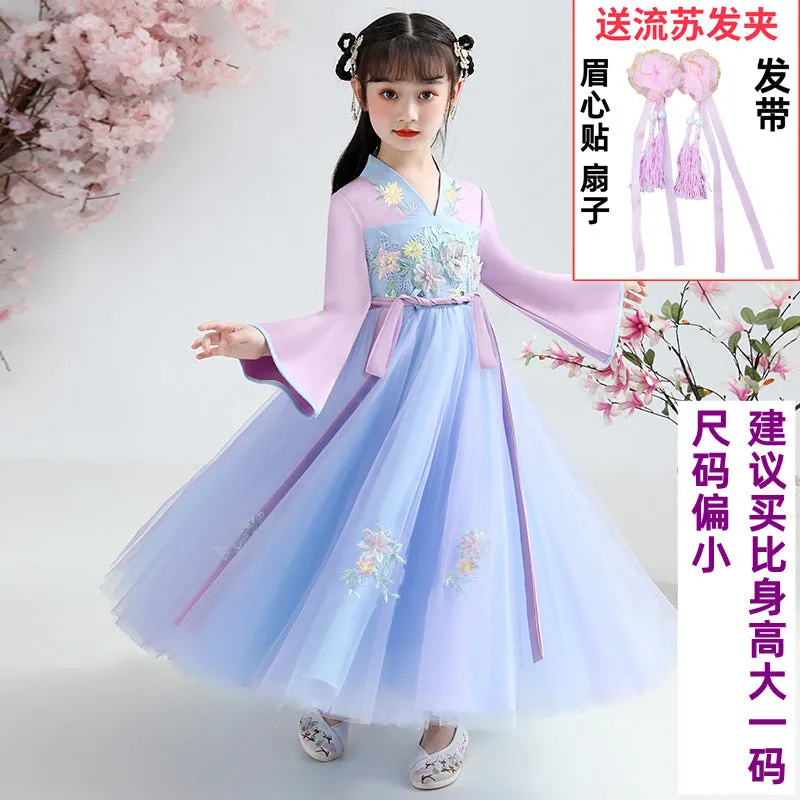 XIEYINSHE Children's Han Chinese Costume Summer Tang Suit Jacket and Dress Girls' Ancient Costume Catwalk Chinese Style Improved Dress Thin Chest Retro